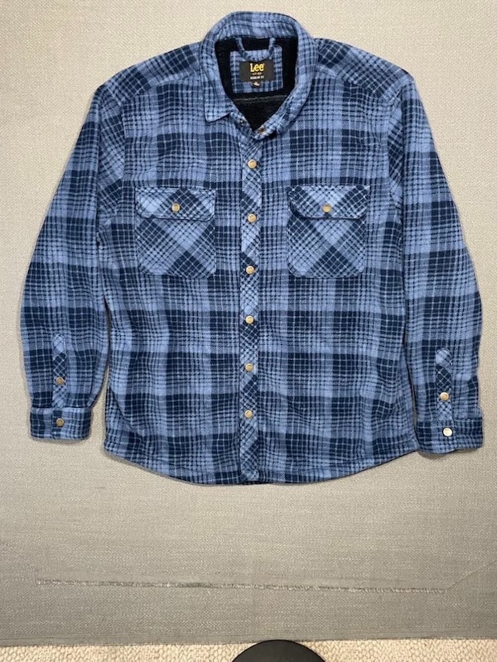 Lee Men's Fleece Lined Flannel Shirt Jacket Blue Plaid Button Up Shacket Size XL